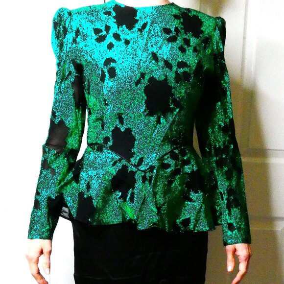 Black Green Dress Size 6 Vintage Midi 50s Shoulder Pads Metallic Sparkling Party - Picture 3 of 14